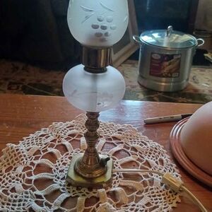 Vintage Frosted Glass Hurricane Lamp with Etched Grape Design